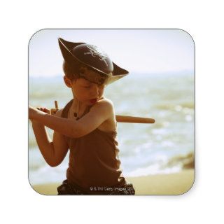 Boy playing pirate, wooden sword stickers