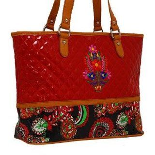 Red Quilted Floral Embroidered Designer Inspired Handbag Tote Purse D2 Shoes