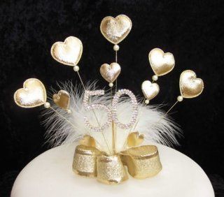 Gold Padded Heart and Diamante 50th Birthday Cake Topper Golden Wedding with White Marabou Feathers   Decorative Cake Toppers