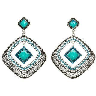 Glamorous Oversized Turquoise Aquamarine Crystal Antique Silver Gypsy Hoop Dangle Earrings Jewelry