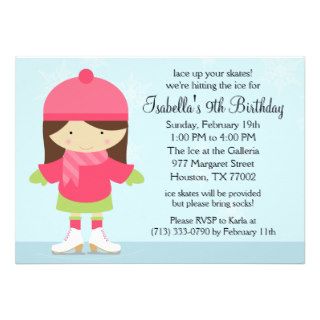 Brunette Caucasion Ice Skating Birthday Party Custom Announcements