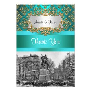 Union Square NYC Gold Teal Damask 222 Thank You Custom Announcement