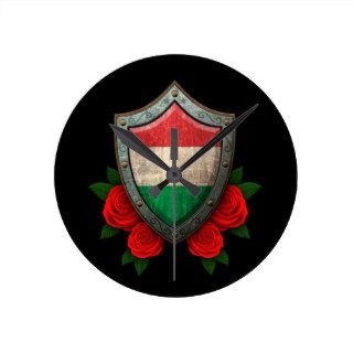 Worn Hungarian Flag Shield with Red Roses Clock