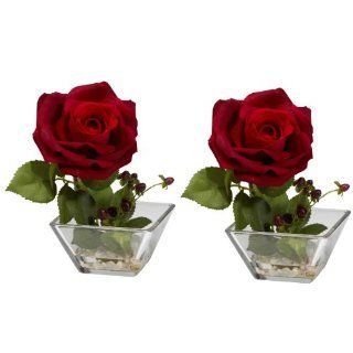 Nearly Natural 1285 S2 Rose with Square Vase Silk Flower Arrangement, Red, Set of 2   Decorative Vases