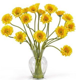 Nearly Natural 1086 YL Gerber Daisy Liquid Illusion Silk Flower Arrangement, Yellow   Artificial Mixed Flower Arrangements