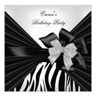 Birthday Party Zebra Elegant Black white Invitations
