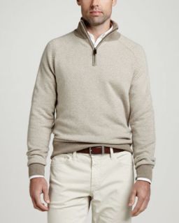 Mens 1/4 Zip Herringbone Pullover Sweater, Beige   Natural cream (SMALL)