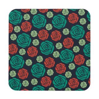 Red, Mint Green and Red Floral Patterns Coasters