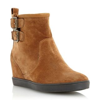 Dune Tan double strap detail concealed wedge suede ankle boots