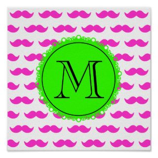 Hot Pink Mustache Pattern, Green Black Monogram Posters