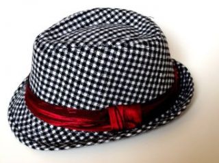 Kid's size fedora hat (Black & White plaid red strap) Clothing