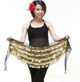 Belly Dance Chiffon 304 coins Dangling Zumba Hip Scarf Wrap with Paillettes and Gold Coins   BLACK Clothing