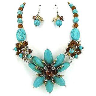 Blue Green and Brown Flower Statement Necklace and Earrings Set Jewelry Sets Jewelry