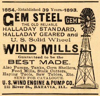 1893 Ad U. S. Wind Engine Pump Gem Steel Windmills Agriculture Machinery Farming   Original Print Ad  