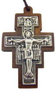 Catholic Gift Wood Inlay Metal Saint St Francis of Assisi San Damiano Tau Cross Crucifix Pendant with 30" Cord Necklace Jewelry