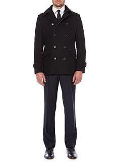 Kenneth Cole Nevada Double Breasted Pea Coat with Trim Detail Black