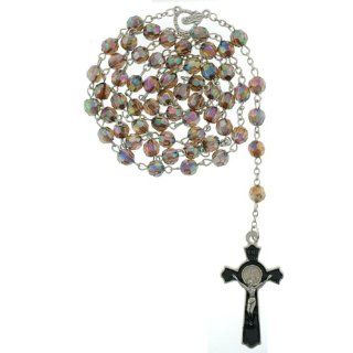 AB Rainbow Bead Rosary with Faceted 7mm Round Beads and St. Benedict Cross   32'' Necklace   22'' Overall Length Jewelry