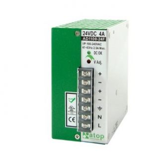 Atop 100W/4A DIN Rail 24 VDC power supply. Model No. AD1100 24F, Part No. 50501001240001G. Part No. AD1100 24F Science Lab Power Supply Units