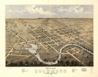 1868 birds eye map of Columbus Columbia Co, Wisconsin Birds eye view of Columbus   Prints