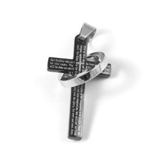 New Black Stainless Steel The Lords Prayer Cross Design Ring Link Pendant With English Scripture & Free Chain   Length 23.6" + UK Shipped Within 24hrs Of Order Placed + Gift Packaging Included Jewelry