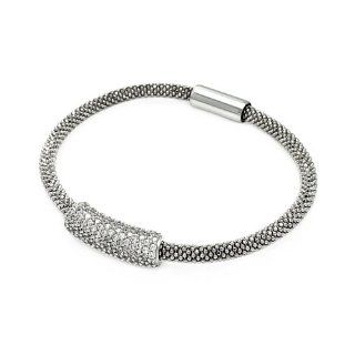 .925 Sterling Silver Rhodium Plated Mesh Design Pave Cubic Zirconia Italian Bracelet Band with Magnetic Lock   7" Inches The World Jewelry Center Jewelry