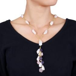 Miadora Yellow Plated Silver Amethyst, Rose Quartz and FW White Pearl Necklace (9 11 mm) Miadora Pearl Necklaces
