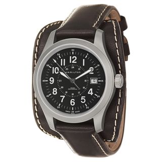 Hamilton Men's 'Khaki Field Mechanical Officer' Stainless Steel Military Time Brown Leather Strap Black Dial Watch Hamilton Men's Hamilton Watches