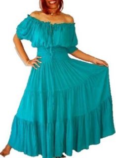 TURQUOISE DRESS PEASANT SMOCKED RUFFLED MEXICAN   FITS   S M L   A758 LOTUSTRADERS Clothing