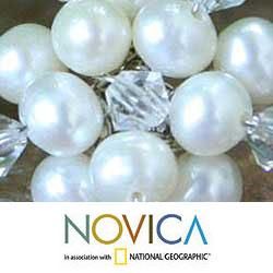 'Stars' Freshwater White Pearl Earrings (4 mm) (Thailand) Novica Earrings