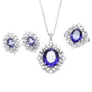 Sterling Essentials Silver Purple Cubic Zirconia Vintage Style Necklace, Earrings, and Ring Set Sterling Essentials Jewelry Sets