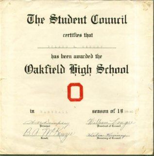 Oakfield High School Baseball Letter Award 1939 1940 ME Entertainment Collectibles