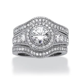 Ultimate Platinum Over Silver 3 piece 2.73ct TGW Cubic Zirconia Halo Ring Set Palm Beach Jewelry Cubic Zirconia Rings