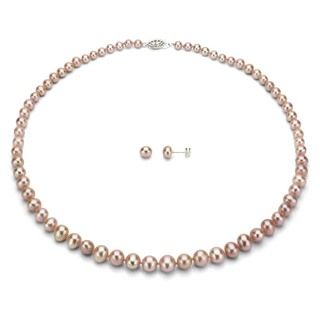 DaVonna Silver Pink FW Pearl Graduated Necklace and Earrings Set (4 8 mm) DaVonna Jewelry Sets