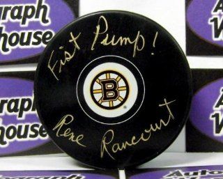 Rene Rancourt autographed Hockey Puck (Boston Bruins) inscribed Fist Pump   Autographed NHL Pucks at 's Sports Collectibles Store