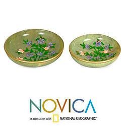 Set of 2 Handcrafted Soapstone 'Spring Violets' Centerpieces (India) Novica Baskets & Bowls