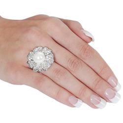 Silvertone Cubic Zirconia and Faux Pearl Flower Ring Tressa Pearl Rings