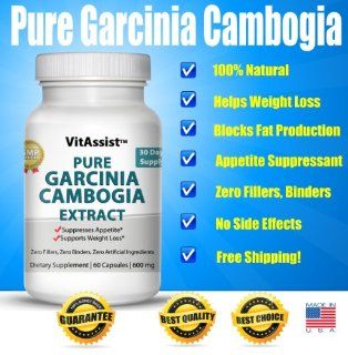 Pure Garcinia Cambogia Extract by VitAssist with HCA, 600mg Veggie Capsules, 1,200mg Daily Dose, 30 Day Supply, Zero Fillers, Dynamic Appetite Suppressant Plus Fat Burner, All Natural Organic Fruit Weight Loss Supplement Slim Formula, Money Back Guarantee