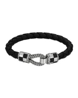 Mens Classic Chain Silver Station Bracelet on Black Leather Cord   John Hardy  