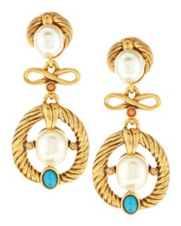 Cabochon & Pearlescent Clip On Earrings   Oscar de la Renta   Turquoise