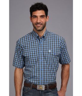Cinch Two Pocket Short Sleeve Plain Weave Plaid Mens Short Sleeve Button Up (Blue)