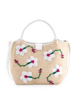 Crocodile/Straw Flower Tote Bag, White/Pink/Green   Nancy Gonzalez