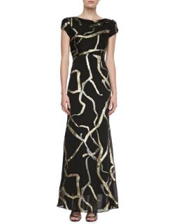 Womens Short Sleeve Ribbon Chiffon Gown   Kalinka   Black/Gold (10)
