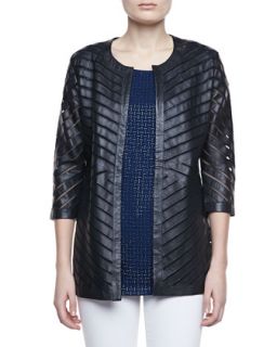 Womens Leather Stripe Chevron Jacket, Black   Grayse   Navy (MEDIUM(8 10))