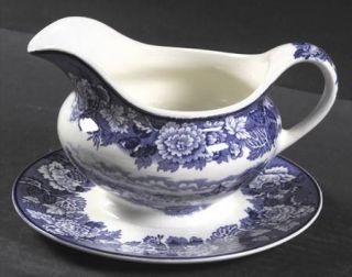 Enoch Wood & Sons English Scenery Blue (Blue Backs,Smooth) Gravy Boat with Attac