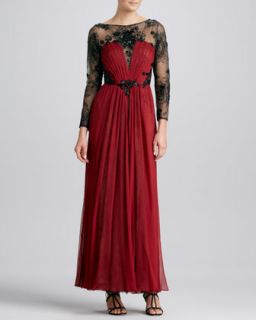 Womens Long Sleeve Lace & Chiffon Gown   Tadashi Shoji   Burgundy/Blk (12)