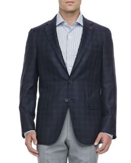 Mens Tonal Plaid Two Button Sport Coat, Navy   Isaia   (39/40S)