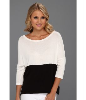 Three Dots Loose Rayon Colorblock 3/4 Sleeve Boxy Top w/ Slits Womens T Shirt (White)