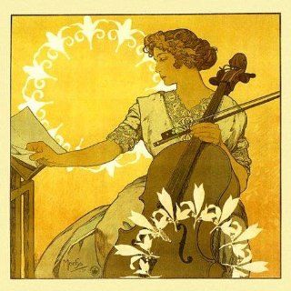 Lady Playing Cello Violoncello Music by Alphonse Mucha 12" X 12" Image Size Vintage Poster Reproduction on Matte Paper. Several More Sizes Available   Prints