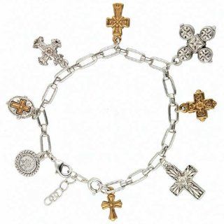 Vatican Two Tone Seven Cross Charm Bracelet Jewelry