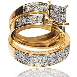 1ct Diamond Yellow Gold Trio Wedding set Princess cut style pave his and her Jewelry